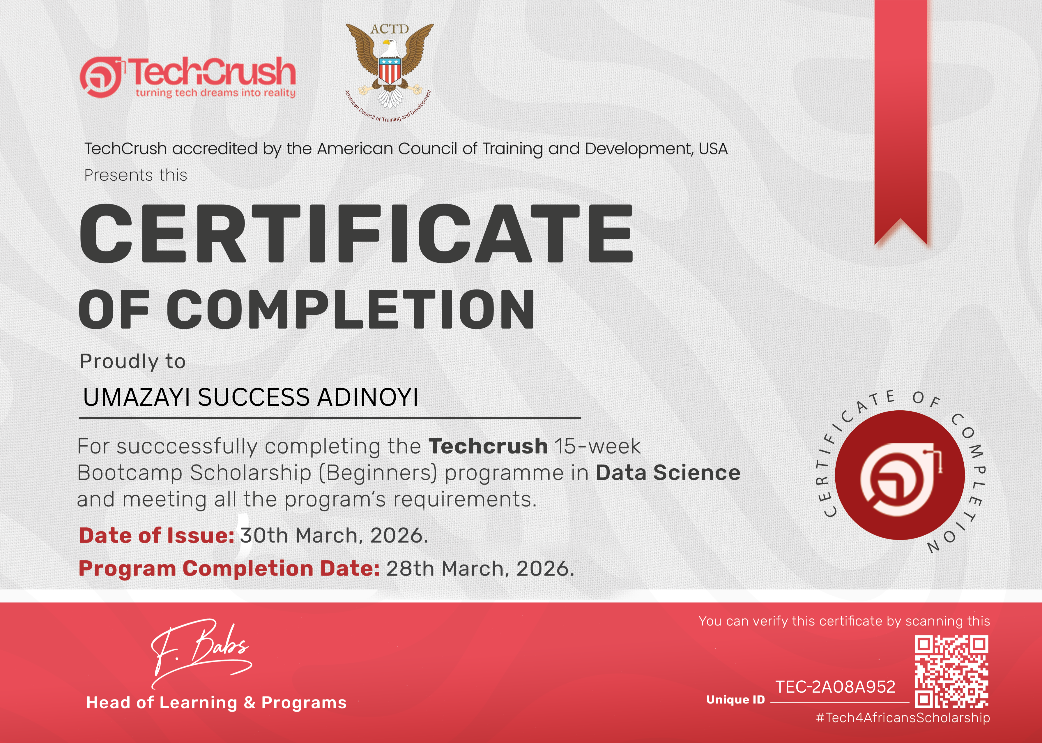 TechCrush Certificate of Completion - Data Science